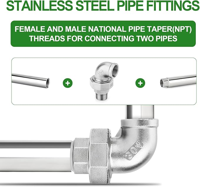 TAISHER 2PCS 304 Stainless Steel 90 Degree Elbow Union，3/8" NPT Female x 3/8" NPT Male Cast Pipe Fitting