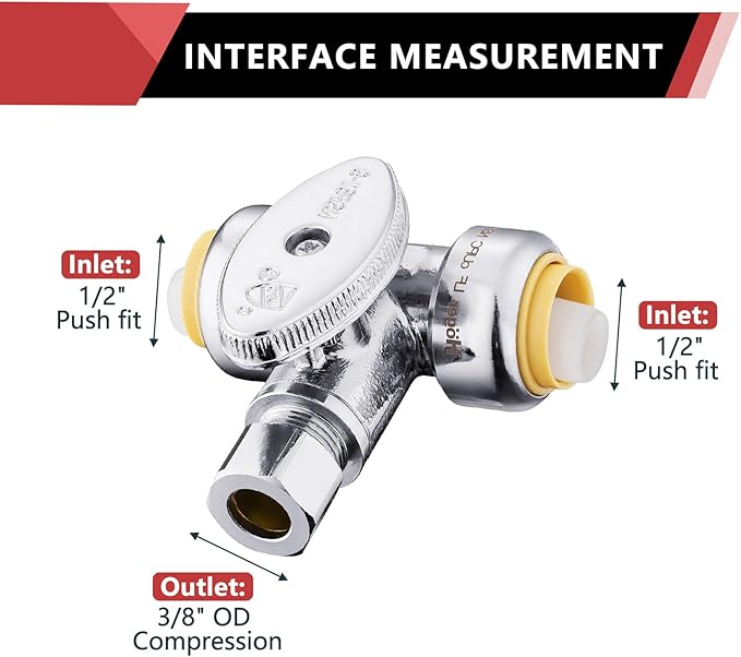 (Pack of 2) EFIELD Push Fit Tee Stop Valve 1/2" Push x 1/2" Push x 3/8" OD, 1/4 Turn Water Shut Off Valve Chrome with a Disconnect Clip,(PF-VALVE043)