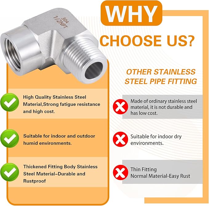 Stainless Steel Pipe Fitting 90 Degree Barstock Street Elbow 1/2" NPT Male x 1/2" NPT Female 2 Pack