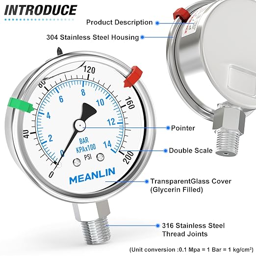 MEANLIN MEASURE 0~200Psi Liquid Filled Pressure Gauge Stainless Steel with 316 Stainless Steel Joint 1/4" NPT 2.5" FACE DIAL for Air Compressor Air Regulator Water Filter Lower Mount, with 2PCS Snaps