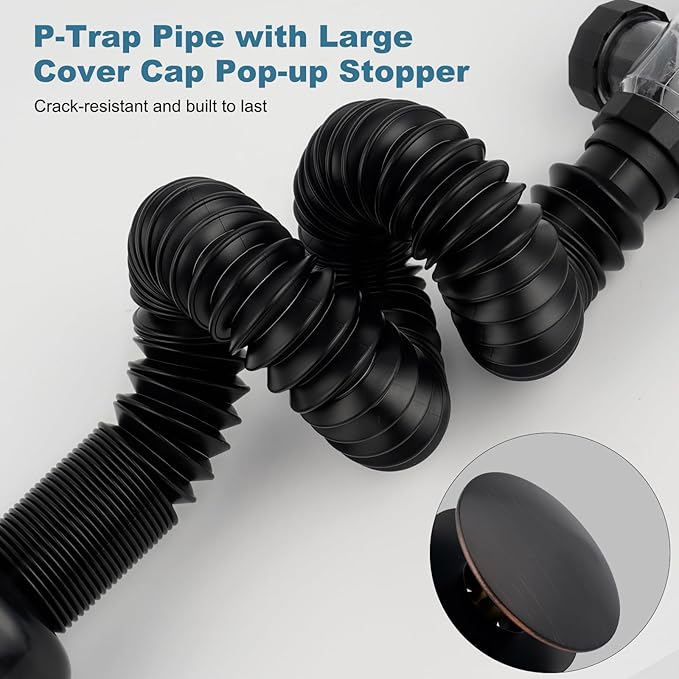 iFealClear Bathroom Sink Drain Kit, Flexible P-Trap Drain Pipe with Pop Up Stopper, Sink Pipe Replacement with 2 Adapters, Fit 1-1/4'', 1-1/2'', 2” Holes, Big Cap, Brass Bounce Core, Oil Rubbed Bronze