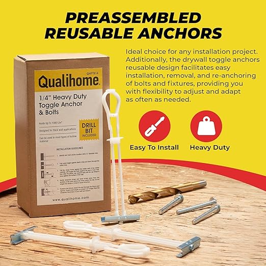 1/4”-20 Quick Easy Heavy Duty Toggle Anchors with Bolts - Hollow Wall Anchors with Steel Wings, Adjustable Up to 2 1/2" Thick Wall, Holds Up to 1080 Lbs, Heavy Duty Drill Bit Included (6 Pack)