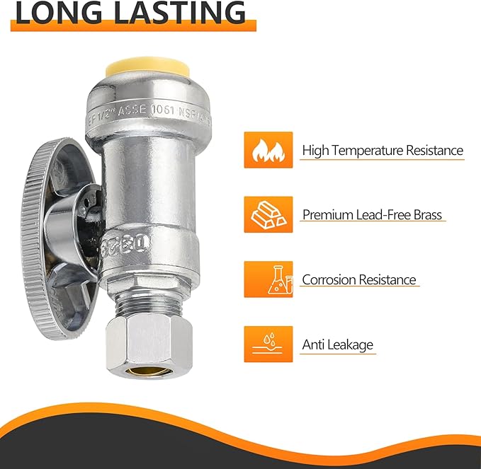 HeSun 100-PCs Push-Fit Straight Stop Valve, 1/2" Push x 1/4" OD Compression Straight Stop, 1/4 Turn Water Shut Off Valve for Bathroom with Disconnect Clip Tool