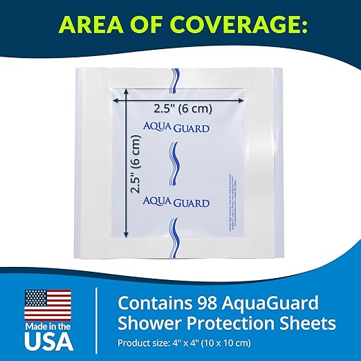 TIDI 50004-CSE AquaGuard Sheet – 4” x 4” – (Area of Coverage: 2.5” x 2.5”) – Shower Protection Sheet – Self-Adhesive Moisture Barrier – Wound Cover for Showering – 98 Sheets – Home Medical Supplies