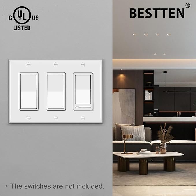 [2 Pack] BESTTEN 3-Gang Decorator Wall Plate, GFCI Outlet and Dimmer Switch Cover with 3 Decorator Openings, Standard Size, H4.53” x L6.38”, Unbreakable Polycarbonate, UL Listed, White