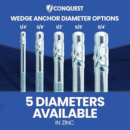 Conquest Zinc Plated Carbon Steel Concrete Wedge Anchors 3/8" x 2 3/4" - Heavy Duty Anchor Bolts for Interior Dry Environments and General Purpose Use (50 Pack)