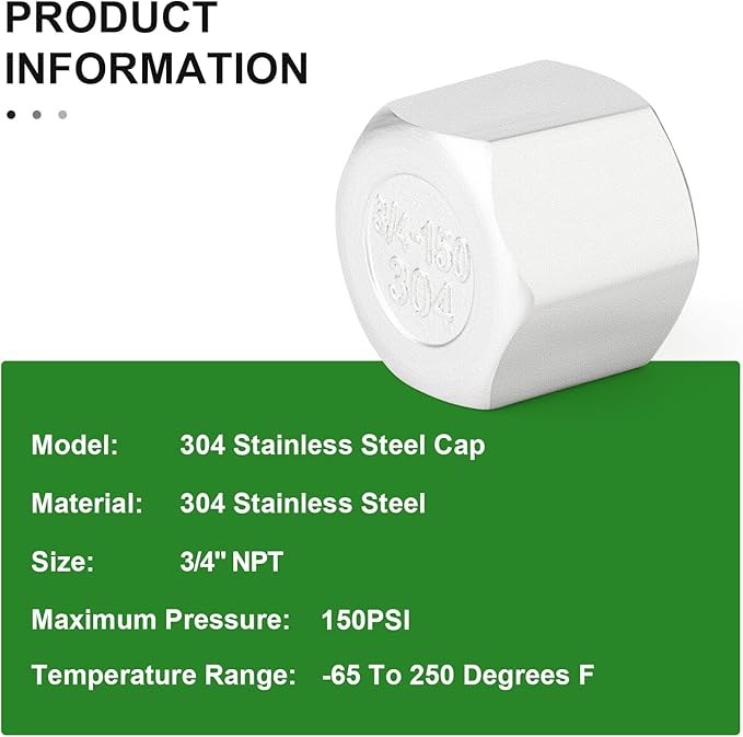 TAISHER 5PCS 304 Stainless Steel Cap Pipe Plug Socket Fitting 3/4" NPT Female