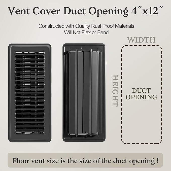 4 PCS Floor Vents Floor Registers 4x12 inch, Heavy Duty Metal Heat Air Vent Covers 4 X 12 with Rust Proof Finish for Home Office Wall Floor Registers Grilles & Vents (4, Black, 4x12 Inches)