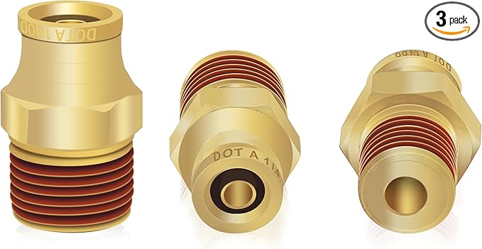 1/4" Brass Push to Connect DOT Air Brake Fittings, 3PCS Air Line Quick Connect Fittings 1/4" Tube OD x 1/4" NPT Connector Tube to Male Pipe for Truck Trailers Air Brake System