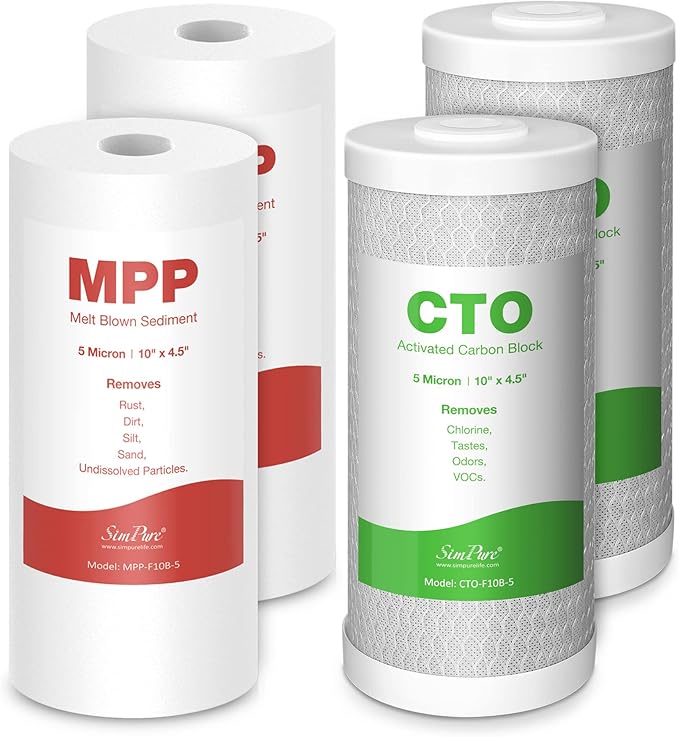 SimPure Whole House Water Filter Cartridges 5 Micron 10" x 4.5" PP+CTO 2-Stage Sediment and Carbon Filter Set, for DB10C-2, DB10P, GE FXHTC, GXWH40L, WGB21B, FP15B, FC15B, 2 Sets