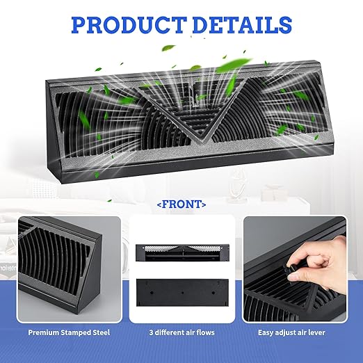 8 Pcs Baseboard Register Vent 15 Inch Duct Opening Size Baseboard Vent Covers Diffuser Adjustable Corner Return Air Grille for Home Floor Wall Air Flow Control (8, Black, 15 Inch)