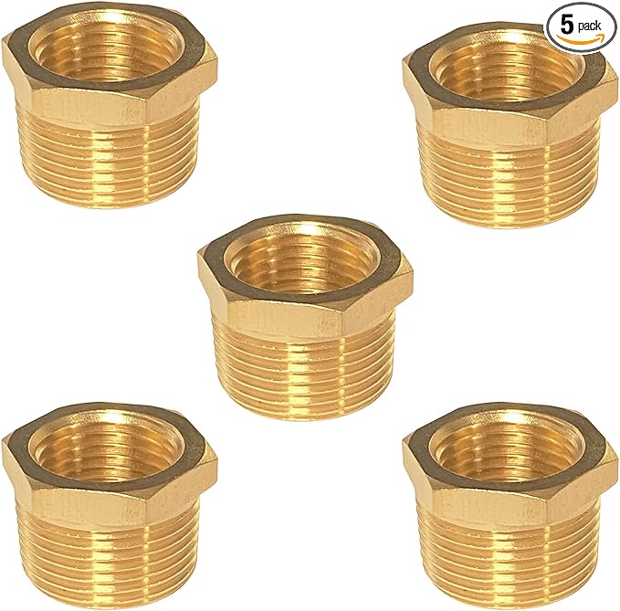 YOUHO 3/4 to 1/4 reducer Brass Threaded Pipe Fitting 3/4 NPT Male x 1/4 NPT Female Hex Bushing Adapter (Pack of5)