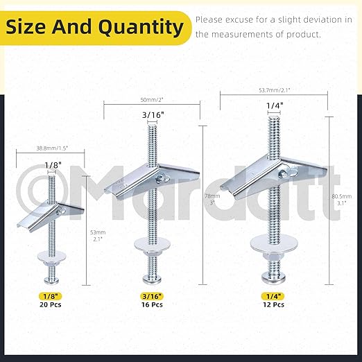 48 Sets 3 Sizes Toggle Bolts and Wing Nut Assortment Kit, 1/8" 3/16" 1/4" Metal Toggle Bolts Round Head Toggle Wing Nut Bolt Set Butterfly Toggle Anchors for Hanging Heavy Items on Drywall