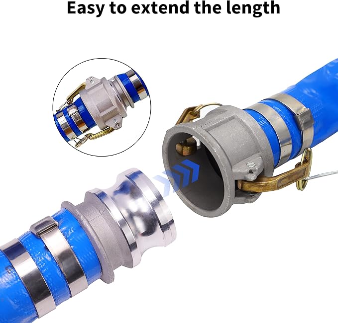2" x 100ft PVC Lay Flat Discharge Hose With Aluminum Camlock C & E Fittings, Cam Lock Fitting Type A included, Heavy Duty Reinforced Pump Backwash Hose Assembly