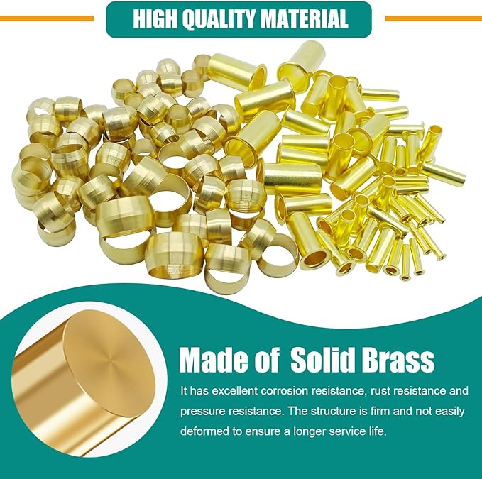 240PCS Brass Compression Sleeves Ferrules Inserts, 6 Sizes 1/2" 3/8" 5/16" 1/4" 3/16" 1/8" Tube OD Compression Fittings Assortment Kit for Air Water Fuel Oil and Inert Gases Line Connection