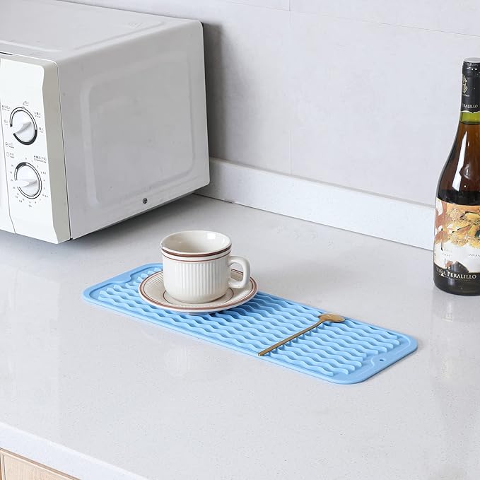 Silicone Dish Drying Mat for Multiple Usage,Easy clean,Eco-friendly,Heat-resistant Silicone Mat for Kitchen Counter,Sink,Bar,Bottle,or Cup Light Blue M 17 inches x 6 inches