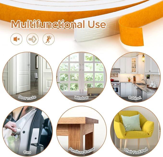 39 Feet Weather Stripping Door Seal, 1/4" Wide X 1/8" Thick Door Seal Strip High Density Foam Tape Adhesive Strip for Door Soundproofing,Window Insulation (1/4" x 1/8" x 39FT,White)