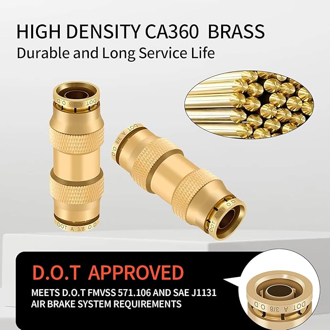 3/8" Brass Push to Connect Fittings Straight Union Dot Approved Air Brake Quick Connect Fittings Air Line Fittings Air Suspension Kit for Truck Trailers and Air Brake System 2Pcs