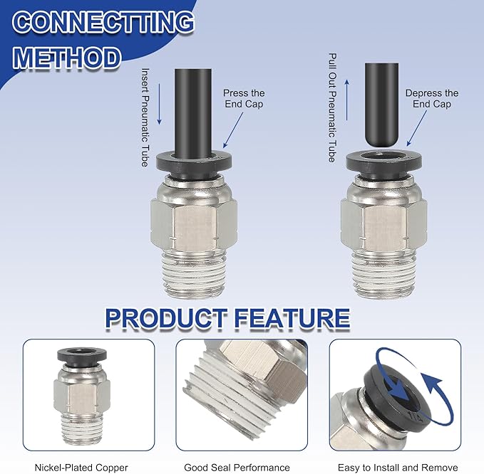 MECCANIXITY 2 Pcs NPT Push to Connect Air Fittings, Male Straight 5/16" Tube OD x 3/8" NPT Thread Air Quick Connector Coupling Adapter for Gas Hose Pneumatic Tools, Black