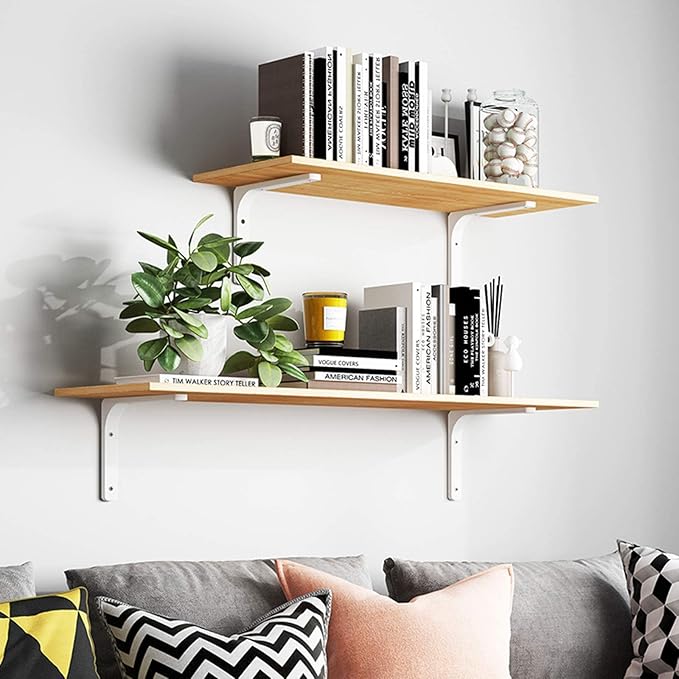 SAYAYO Metal Shelf Brackets, 8 x 6 Inch Heavy Duty L Angle Brackets Shelf Hardware Decorative Wall Hanging Supports for Floating Storage Shelf, 4 PCS Bright White