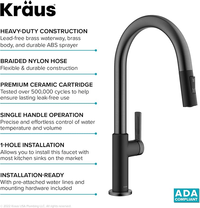 KRAUS Oletto High-Arc Single Handle Pull-Down Kitchen Sink Faucets in Spot Free Black Stainless Steel, Kitchen Faucets with Pull Down Sprayer, KPF-2820MBSFSB