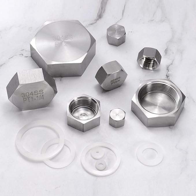 uxcell 2pcs Hex End Cap 304 Stainless Steel Nut with Washer, PT 1/4" Female Thread Pipe Fitting, Gas Line Water Line Stop Valve Cap Tubing Ends for Plumbing Fittings, Silver Tone