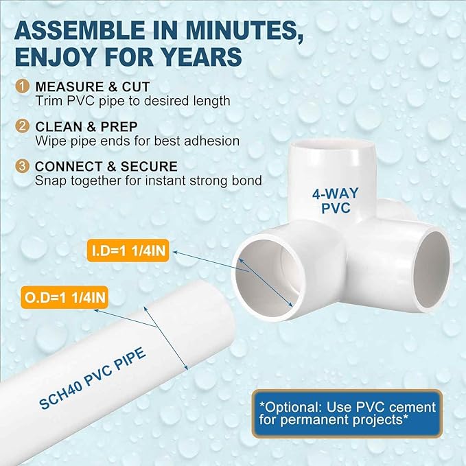 16 Pack 1 1/4" SCH40 PVC Elbow Pipe Fitting, 4-Way PVC Elbow Corner Side Outlet Tee Fitting, Furniture Grade Pipe Connectors for DIY Project, Pond Protection, Socket x Socket