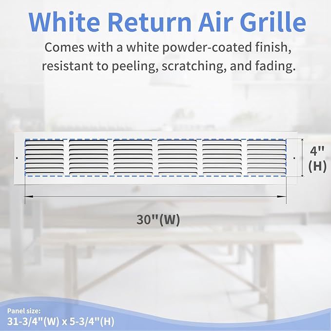 30"W x 4"H [Duct Opening Size] Steel Return Air Grille, Air Return Vent Cover for Ceiling and Sidewall - HVAC Air Vent Covers - [Outer Dimensions: 31.75"W x 5.75"H]