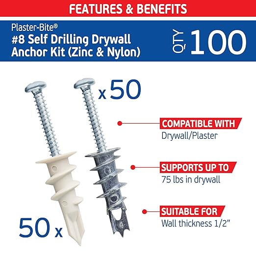 Plaster Bite Self-Drilling Drywall Anchor Kit Includes 50 Nylon & 50 Zinc Anchors w/ 100 Screws – Heavy DutyHollow Wall Anchor Kit for 3/8", 1/2", 5/8" Drywall – 75 lbs Holding Strength
