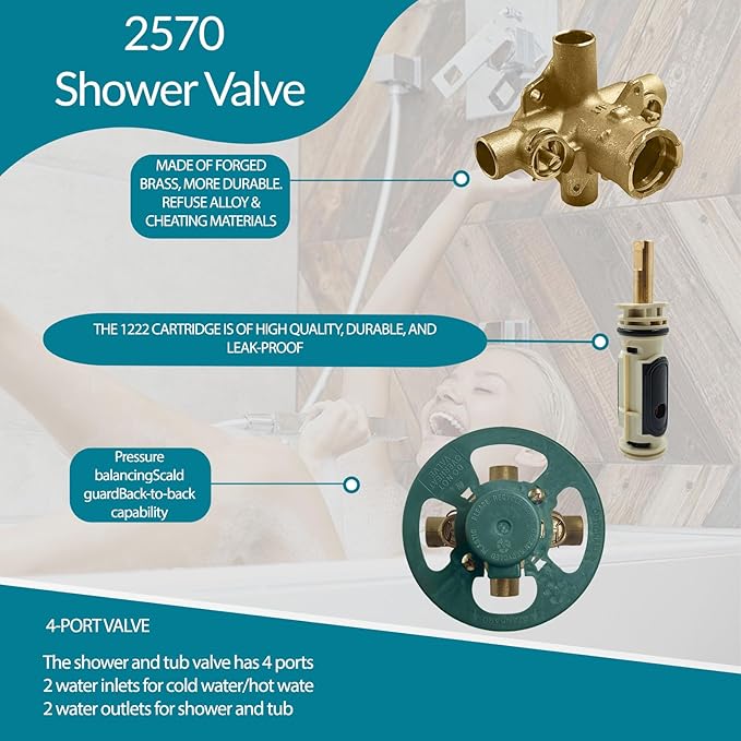 2570 Shower Valve, Pressure Balancing Cycling 4 Port Tub and Brass Shower Valves with Stops Replacement for Moen 2570-1/2 Inch CC Connections, For moen Trim Kit, Includes 1222 cartridge