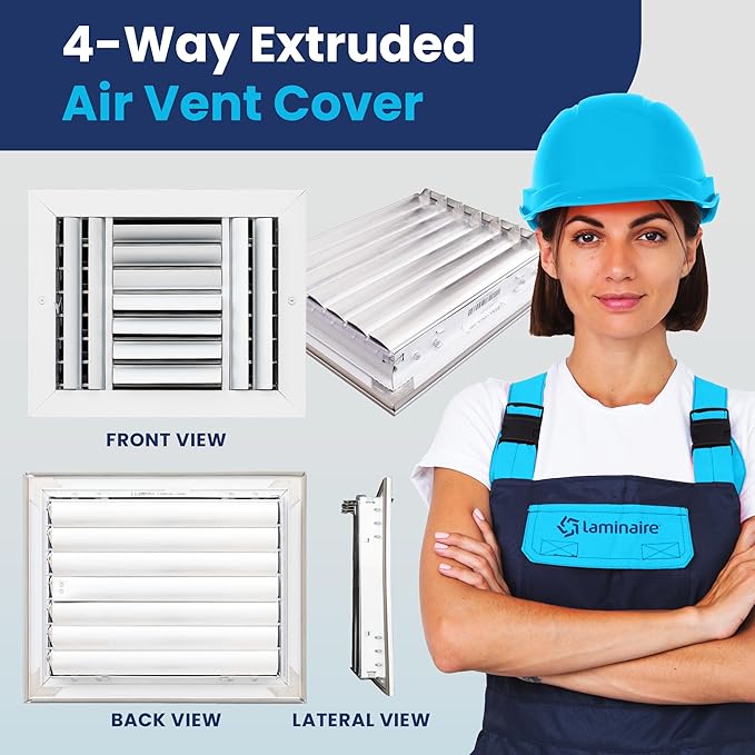 14x6 Inch (Duct Opening) Aluminum 4-Way Air Flow Vent – HVAC Vent Cover for Wall or Ceiling – Quiet HVAC Wall Register with Multi-Shutter Damper – Adjustable Curved Blade - Plastic Seal for Tight Fit