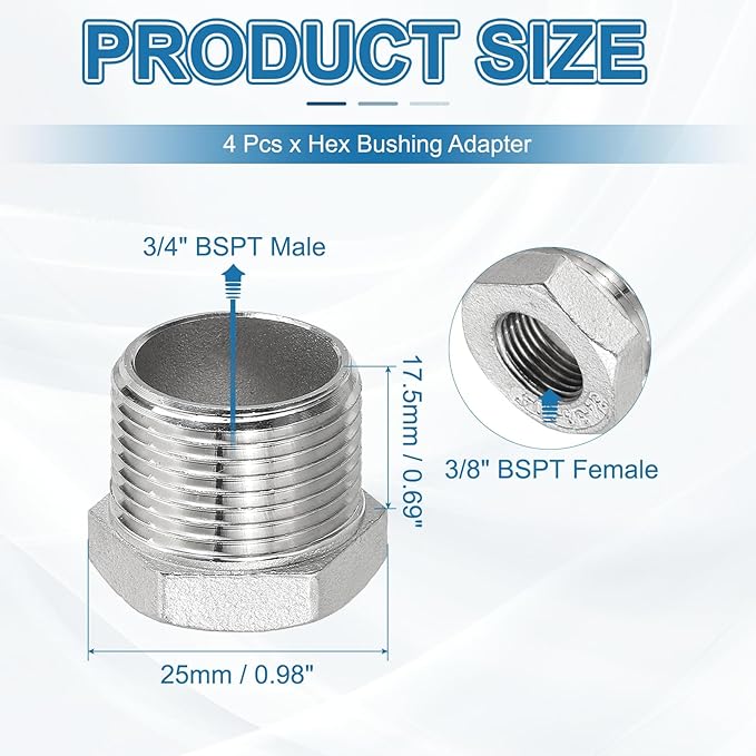 PATIKIL 304 Stainless Steel Reducer Hex Bushing 2 Pcs, 3/4" BSPT Male to 3/8" BSPT Female Pipe Reducing Adapter Fitting Connector for Water Gas Hydraulic Pipes Shower Hose, Silver