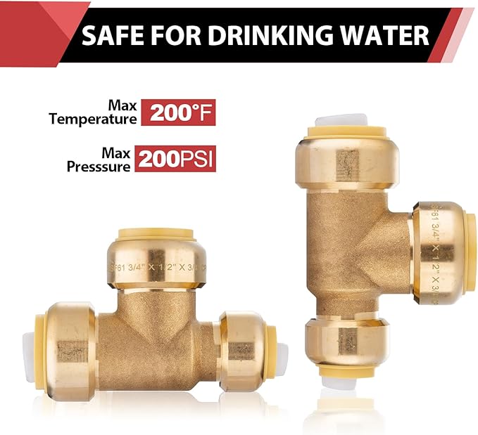 EFIELD Push-Fit Fitting 3/4" X1/2" X 3/4" Tee to Connect Pex, Copper, CPVC Pipe with Two Size Disconnect Tool Clips,(PF128)