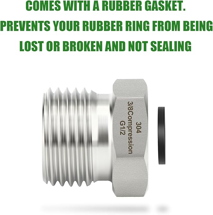 TAISHER 5PCS 304 Stainless Steel Reducer Water Hose Adapter 1/2" G Thread (BSP) × 3/8" Compression Pipe Fitting for kitchen bathroom faucet supply line adapter with rubber gasket