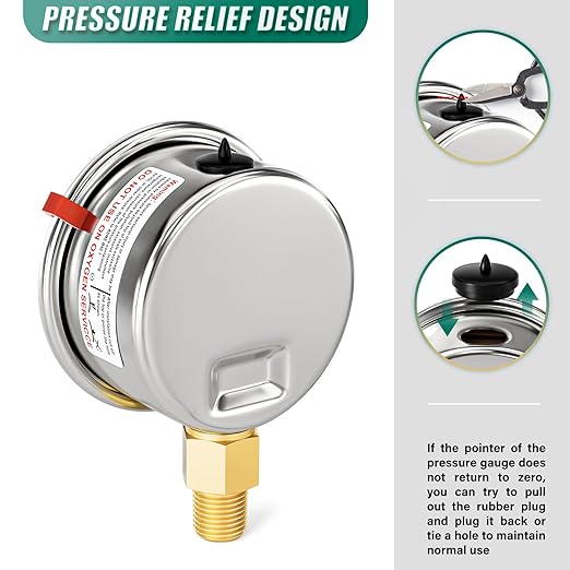 -30inHG~0Psi Stainless Steel Liquid Filled Pressure Gauge, 2.5" Dial Size, 1/8" NPT Lower Mount, for Tube, Water Pump, Gas, Liquid, Pressure Test (with Range Mark Pointer)