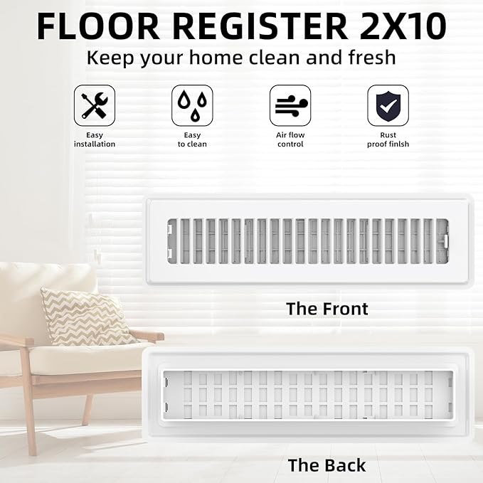 Floor Register 2x10, 4 Pack Floor Vent Covers for Home Floor Heavy Duty Steel Walkable Floor Grates Adjustable Air Vent Covers 2" x 10" Floor Vent, White
