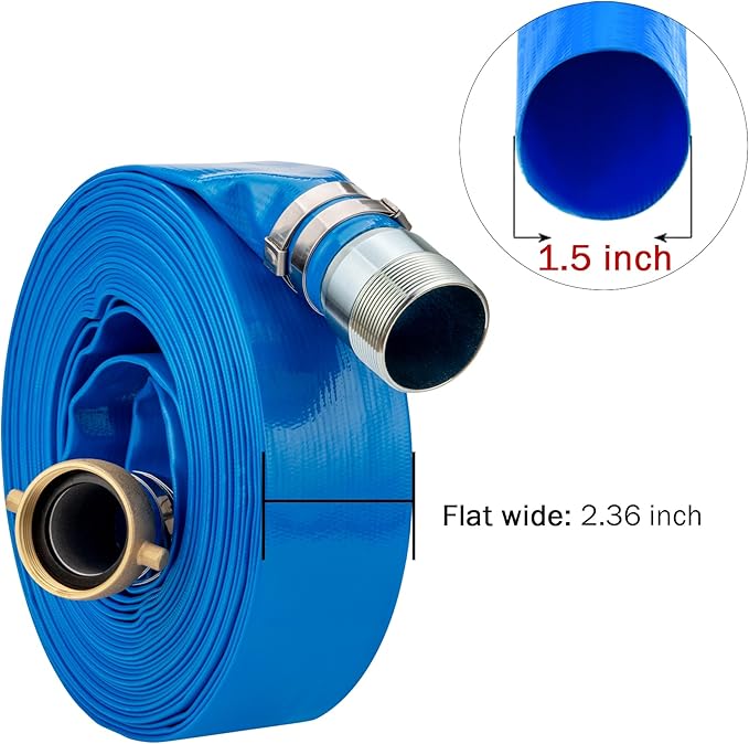 DAVCO 1.5" ID x 100 ft Pool Backwash Hose, Heavy Duty Reinforced Blue PVC Lay Flat Water Discharge Pump Hoses For Swimming Drain Pools and Clean Filters, with Brass NPT Pin Lug and KC Nipple Fittings