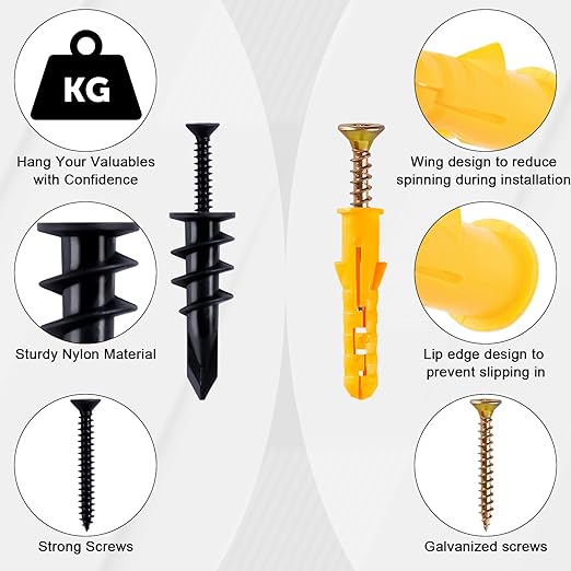 KURUI Drywall Anchors Assortment Kit With Self Drilling Wall Anchors and Heavy Duty Toggle Bolts, Metal/Plastic Dry Wall Anchors for Hanging Picture Art, 164Pcs Butterfly Anchor and Screws for Ceiling