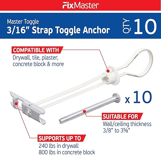 3/16" Heavy Duty Master Toggle-Bolt Strap Anchors (10 Pack) w/ 10 Steel Threaded Studs - 3/16"-24 UNC Fastener Size - Great for TV mounting, 240 lb Holding Strength