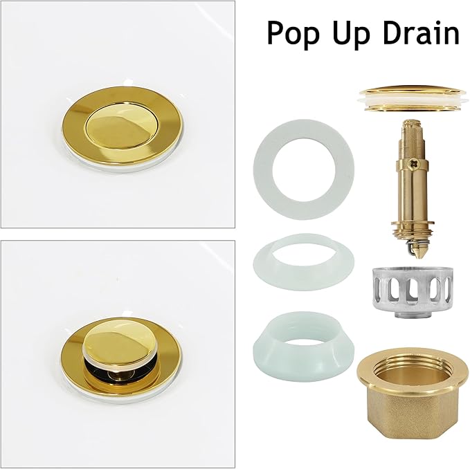 Bathroom Sink Drain,2 Pack Gold Stainless Steel Bathroom Drain Stopper with Overflow,Small Cap Pop Up Drain Assembly with Detachable Strainer Basket,Built-in Anti-Clogging