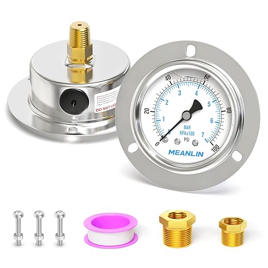 MEANLIN MEASURE 0~100Psi Liquid Filled Pressure Gauge Front Flange Panel Mount, 1/4" NPT 2.5" FACE DIAL Stainless Steel Case with Phillips Screw, Nut and Brass Hex Bushing, +/-3-2-3%