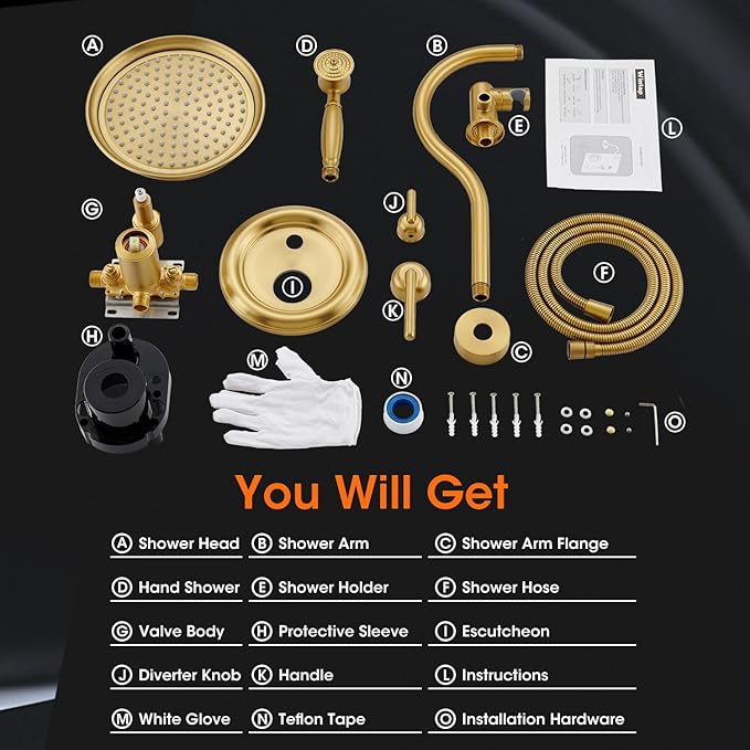 Antique Rainfall Shower System Bathroom Luxury Rain Mixer Shower Faucet Set with Pressure Balance Valve, Shower Combo Set with Rain Shower Head and Vintage Handheld Spray 9 inch Brushed Gold