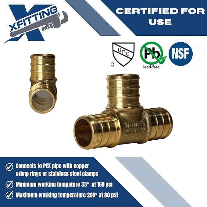 XFITTING 3/4 inch x 3/4 inch x 3/4 inch Pex Tee, Pex B Crimp Version 23-2-3=10X, 10 Pieces