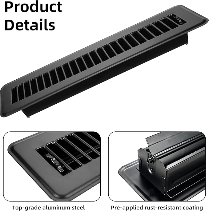 Floor Register Vents 2x14 Inch, Heavy Duty Walkable Floor Vent Covers 2x14 for Home Floor Sidewall Office or Ceiling Vent, Adjustable Premium Finish Steel Floor Vent Cover 1 Pcs, Black