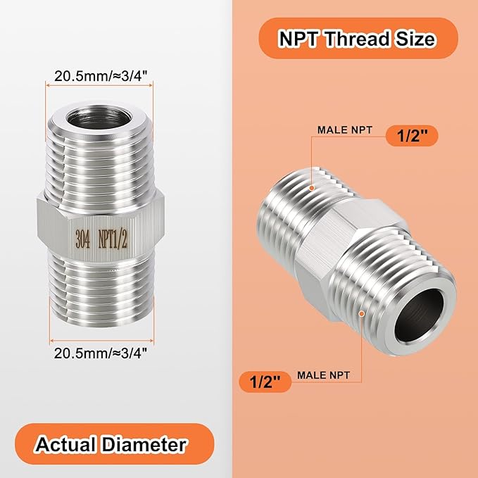 3 Pack 304 Stainless Steel Male to Male Adapter, 1/2" Male NPT x 1/2" Male NPT Hex Nipple Pipe Extension Fitting for Industrial, Automotive, Fluid Transfer, Home Gardening, Water