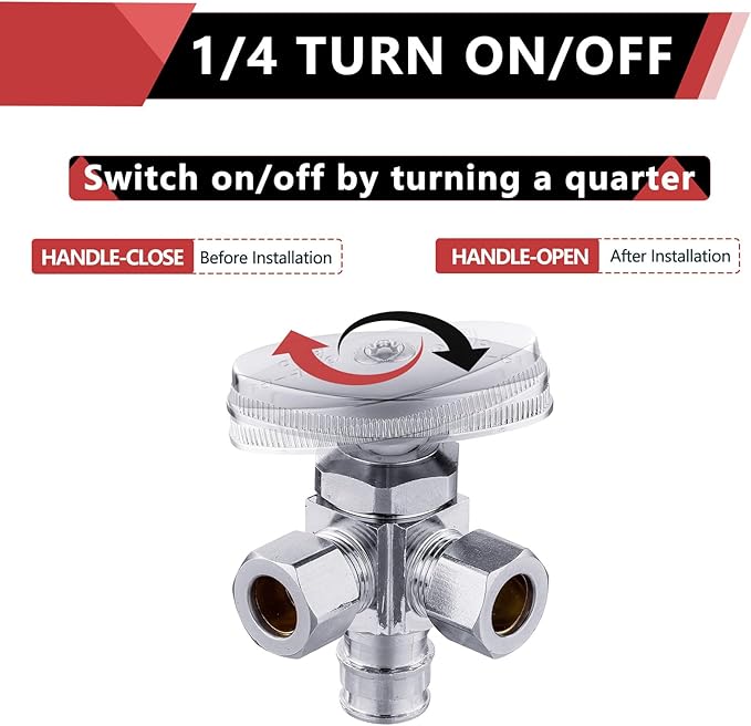 (Pack of 10) EFIELD Dual Outlet Angle Stop Valve, Multi-Turn, 1/2" Expansion F1960 Pex-a Pipe Inlet x (3/8 inch x 3/8 inch) Compression Outlet,(VALVE066-10PCS)