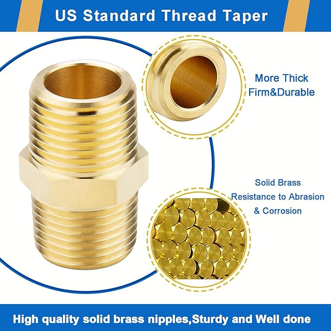 4PCS Hex Nipple 1/4"NPT x 1/4" NPT Male Solid Brass Pipe Fitting, 1/4 inch Brass nipple Male Threaded Pipe Adapter Fittings Equal Nipples Connectors Couplings