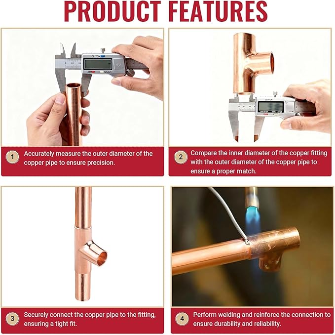 1/2" Copper Tee,Copper Three-Way Fitting Welding Joint, Sweat Solder Connection for Residential and Commercial Plumbing, HVAC Air Conditioning Systems (5 Pack)