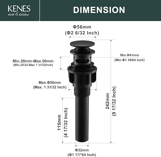 KENES Pop Up Bathroom Sink Drain with Overflow, Matte Black Pop Up Drain Stopper Anti Clog Pop Up Drain Stopper Lavatory Bathroom Vanity Sink Drain