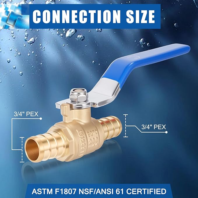 F1807 3/4" Pex Ball Valve, Brass Full Port Water Shut Off Ball Valve for Hot and Cold Water (10-Pack), UPC Certified